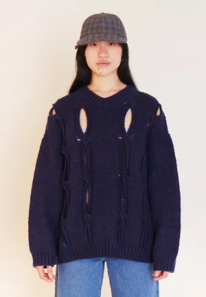 Back Stripe Cut-Out Knit Sweater - Navy