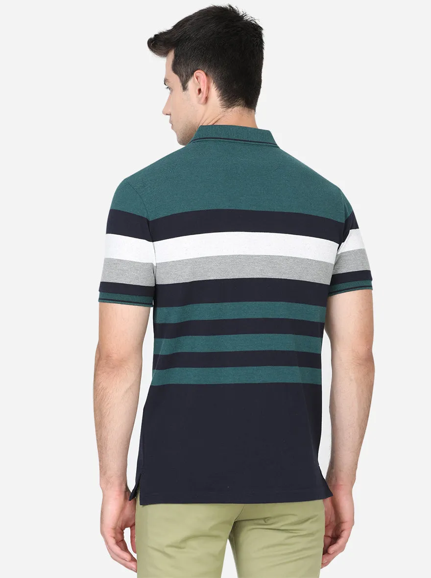 Bottle Green Striped Slim Fit Polo T-Shirt | Greenfibre