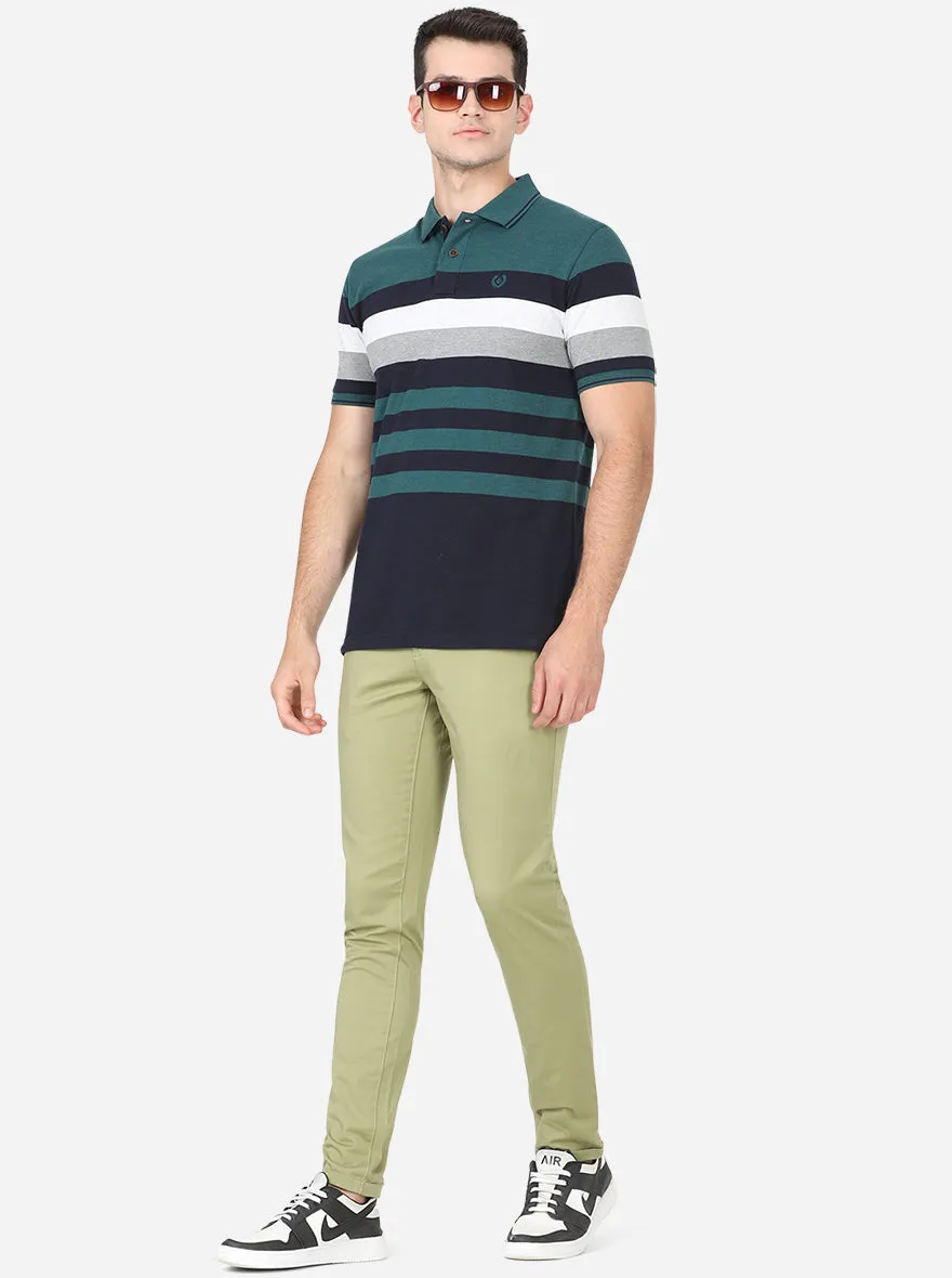 Bottle Green Striped Slim Fit Polo T-Shirt | Greenfibre