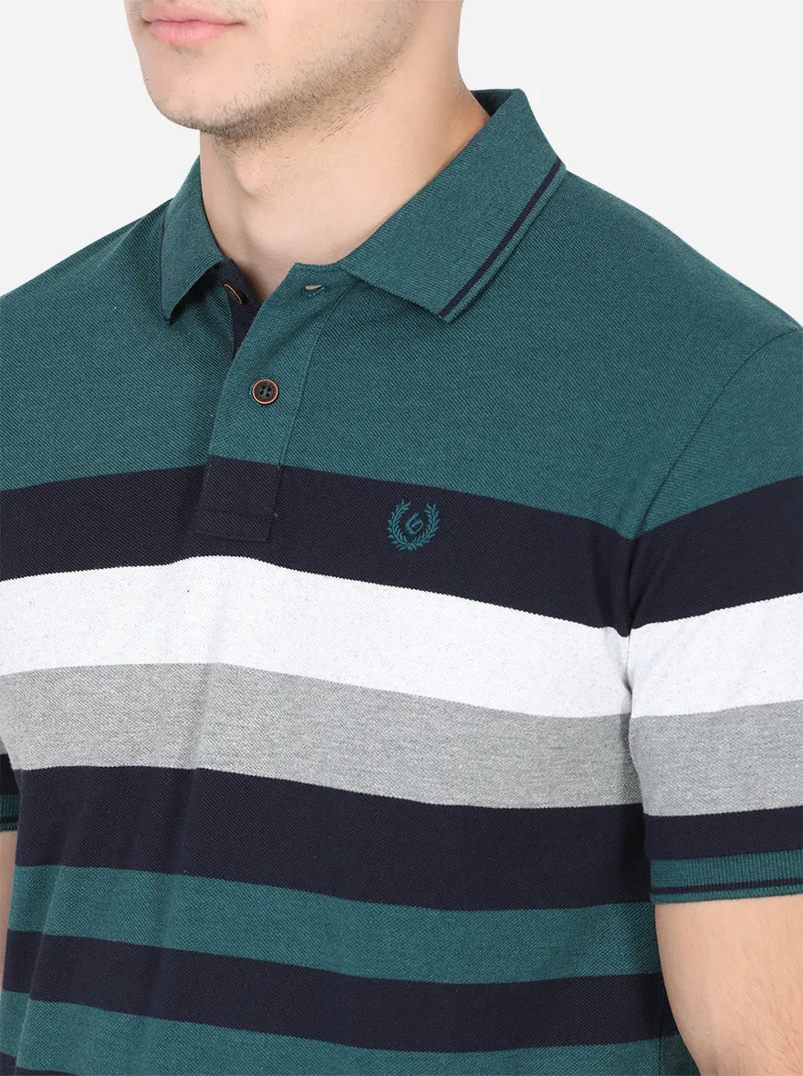 Bottle Green Striped Slim Fit Polo T-Shirt | Greenfibre