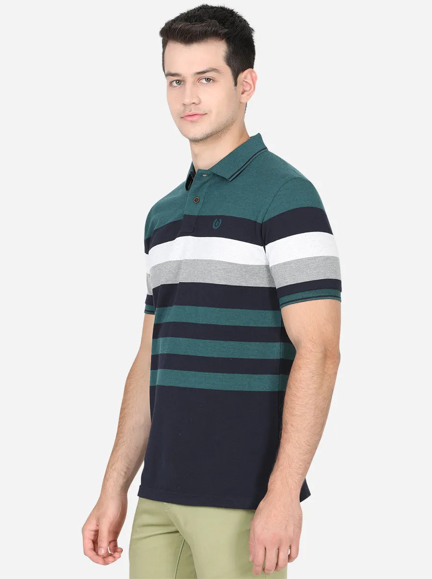 Bottle Green Striped Slim Fit Polo T-Shirt | Greenfibre