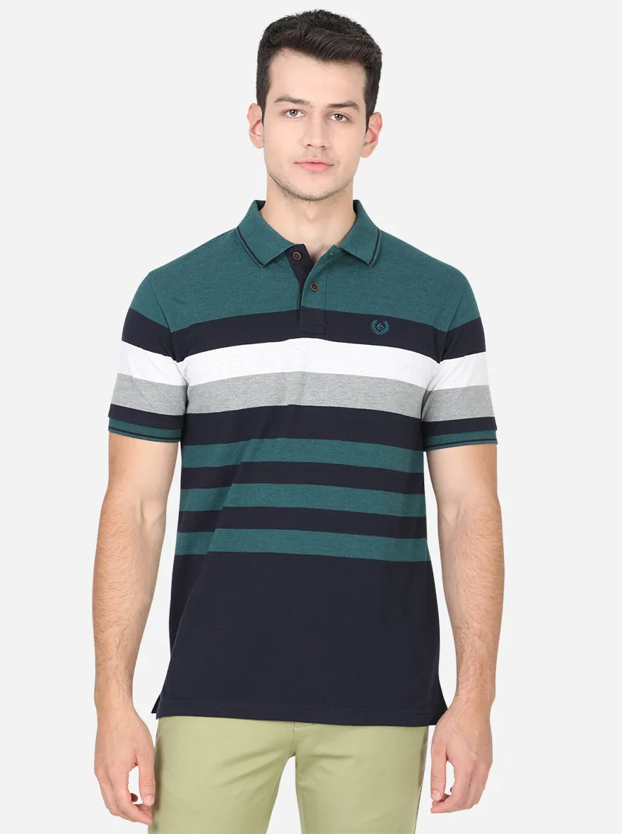 Bottle Green Striped Slim Fit Polo T-Shirt | Greenfibre