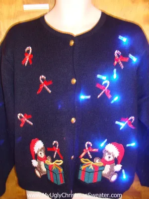 Candycanes and Teddy Bears Cute Light Up Ugly Xmas Sweater