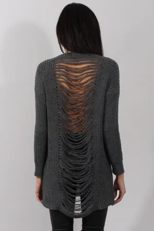 Dark Grey Knitted Distressed Back Jumper Dress - Cara