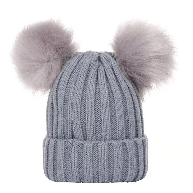 Double Hairball Solid Pompom Beanie Hat