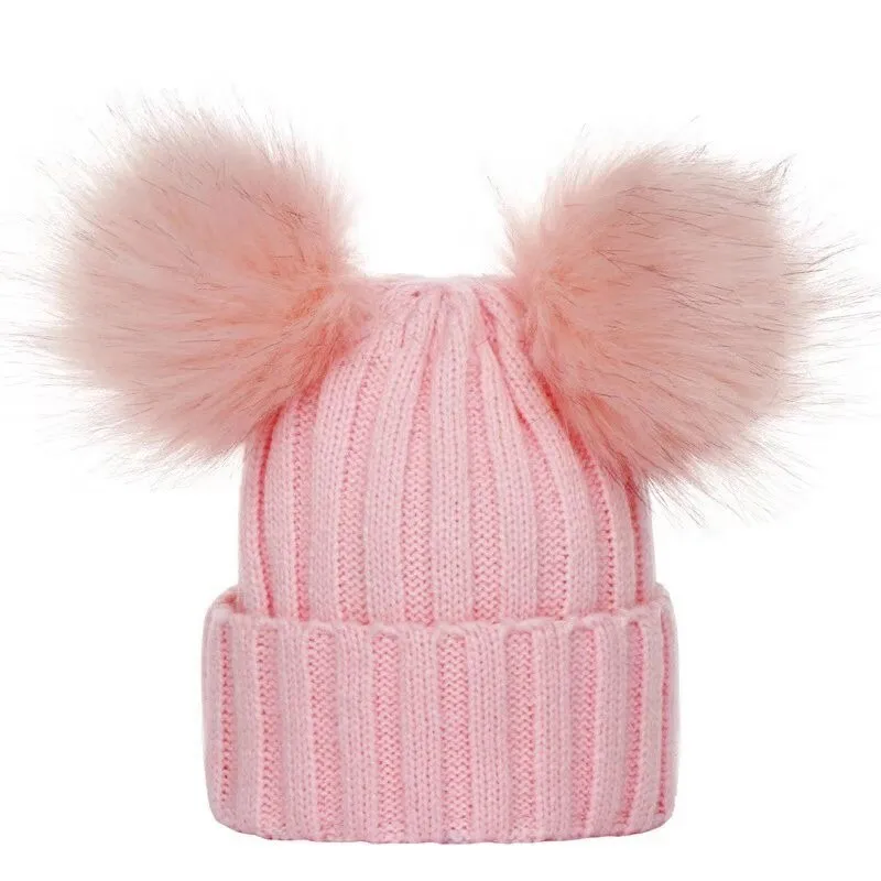 Double Hairball Solid Pompom Beanie Hat