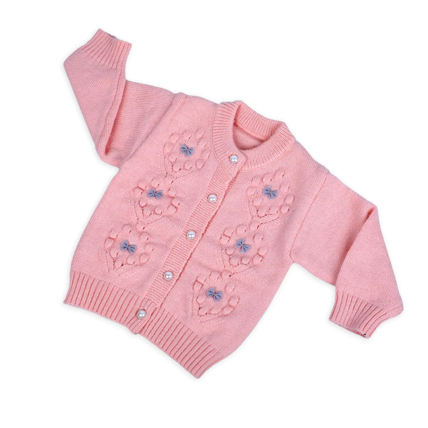 Elegant Bow And Pearl Buttons Premium Full Sleeves Knitted Sweater - Pink