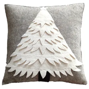 Hand Felted Wool Christmas Pillow Cover - Cream Tree on Gray - 20"