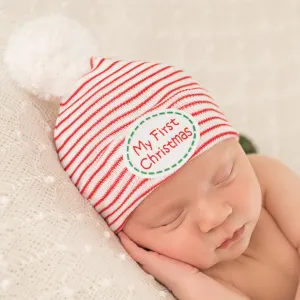 My First Christmas Patch Red and White Striped Newborn Hospital Beanie Hat with White Pom Pom, Gender Neutral