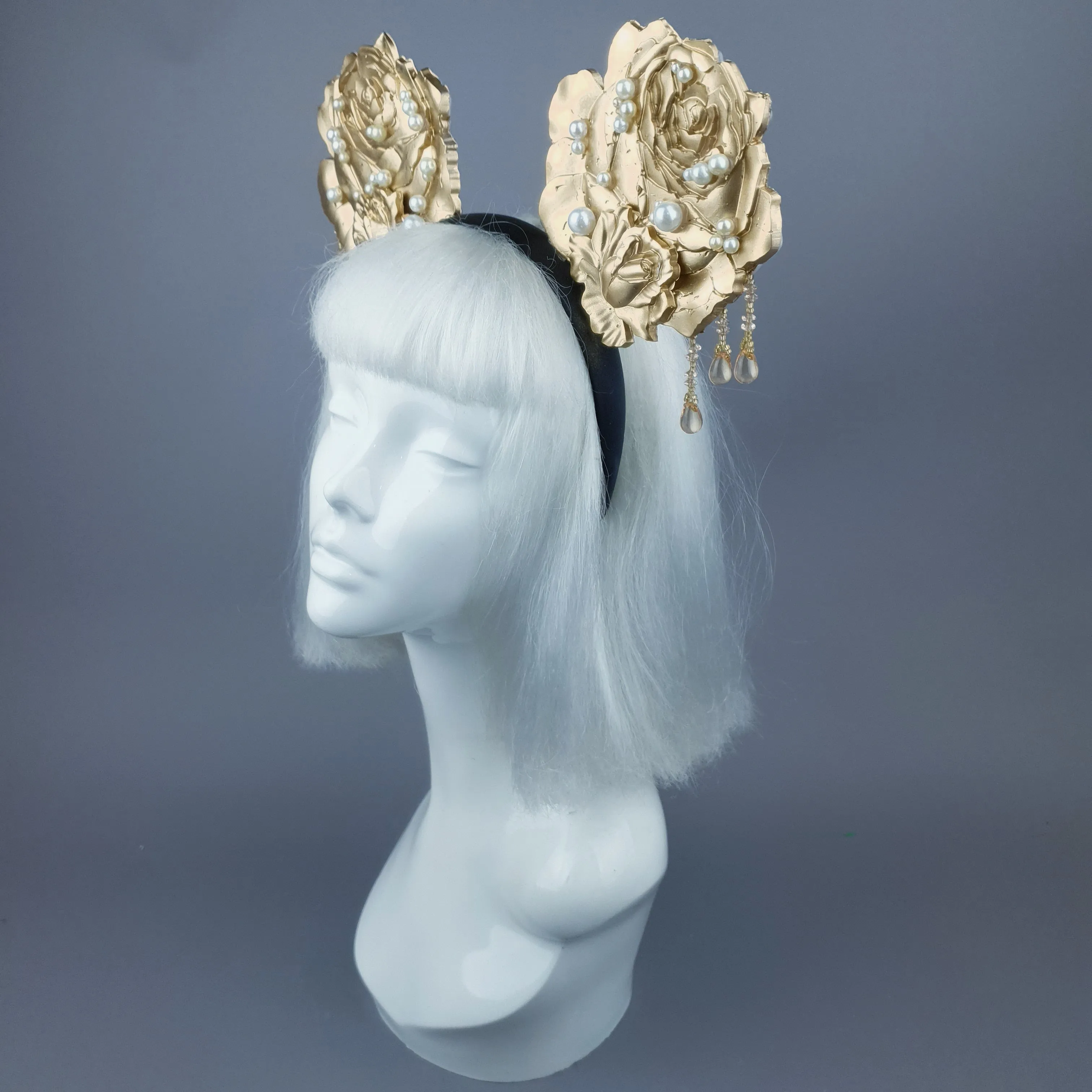 "Oreille" Giant Gold & Pearl Rose Ears Headband