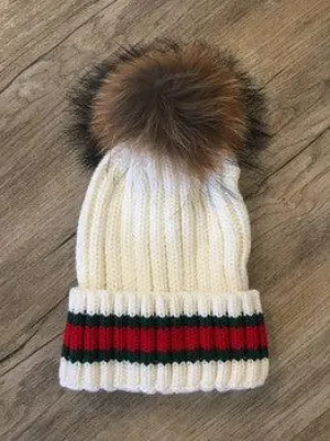 Striped Beanie | Cream-Natural Pom Pom