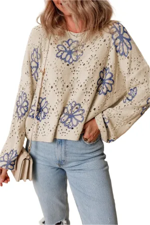 TEEK - Floral Breathable Round Neck Long Sleeve Knit Top