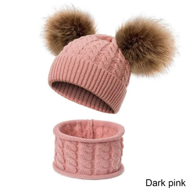 Unisex Pompom Knitted Scarf And Beanie Hats Sets For Kids