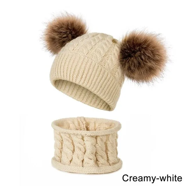 Unisex Pompom Knitted Scarf And Beanie Hats Sets For Kids