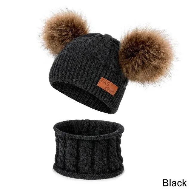 Unisex Pompom Knitted Scarf And Beanie Hats Sets For Kids