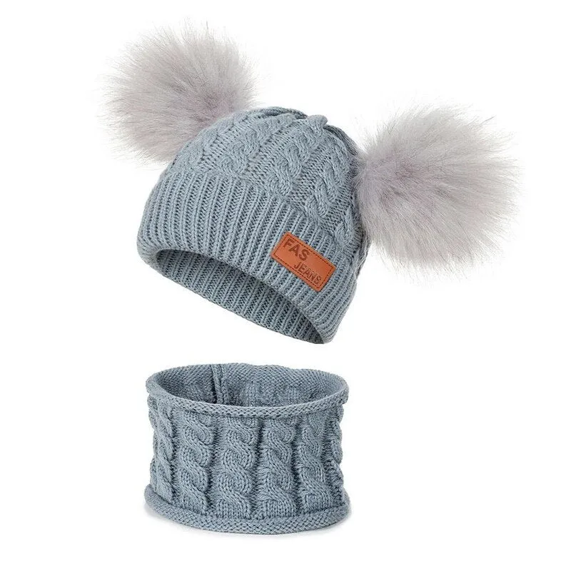 Unisex Pompom Knitted Scarf And Beanie Hats Sets For Kids