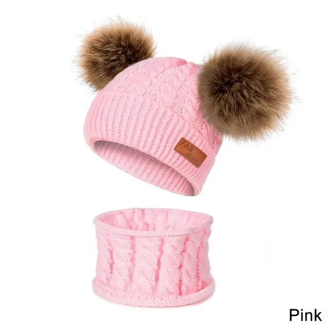 Unisex Pompom Knitted Scarf And Beanie Hats Sets For Kids