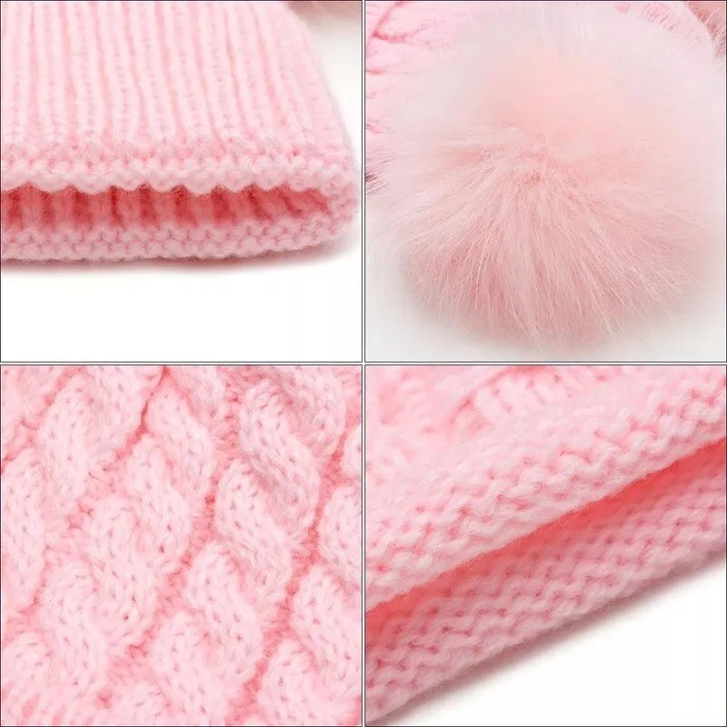 Unisex Pompom Knitted Scarf And Beanie Hats Sets For Kids