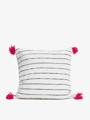 White Cotton Scribble Stripe Square Cushion Cover, Pink