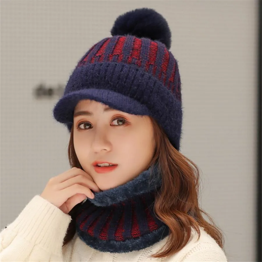 Women Thick Winter Visor & Velvet Pompom Beanie Sets